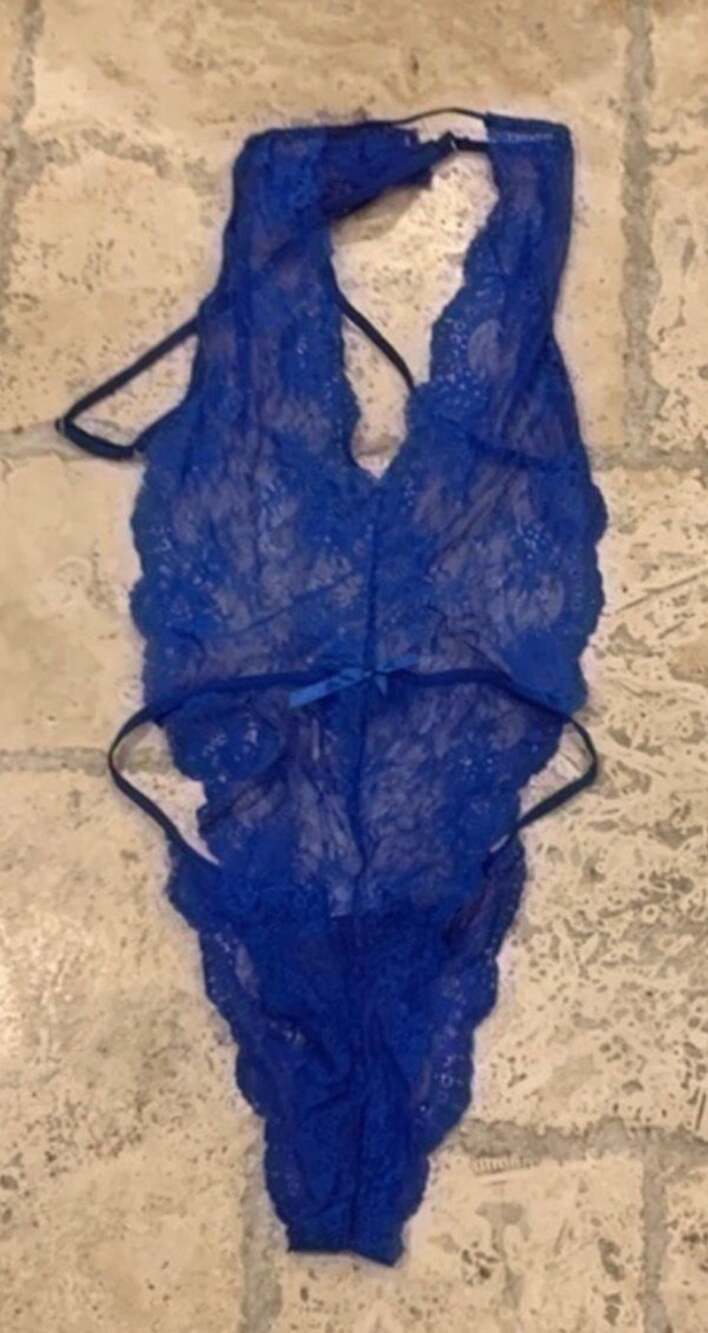 Blue Lace Halter Teddy Lingerie Bodysuit with Strappy Cutout Details
